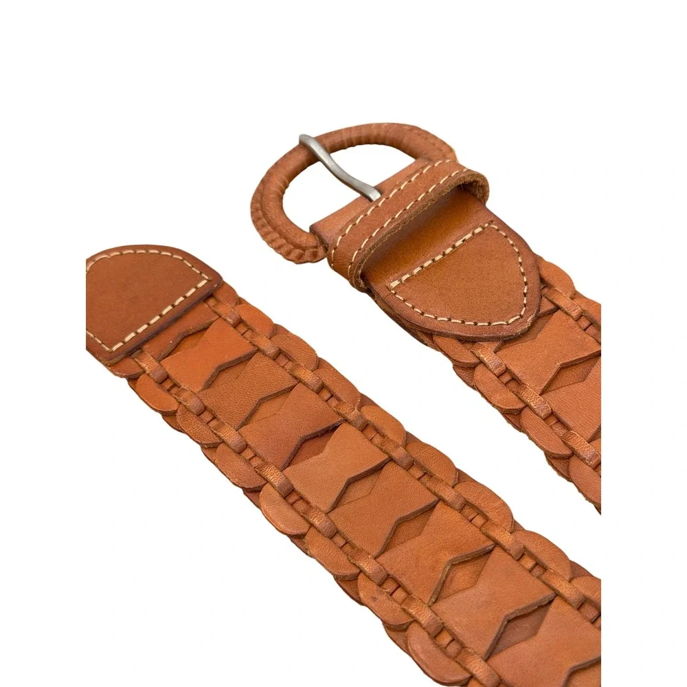 Fossil Leather Belt Womens SZ M Brown Western Boho Woven Covered Buckle Cottage